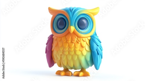 Colorful 3D Owl Cartoon Character, Playful, Isolated on White photo