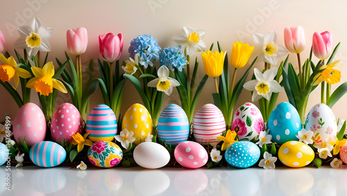 Easter composition on a delicate pastel background: painted eggs, Easter bunnies, spring flowers. photo