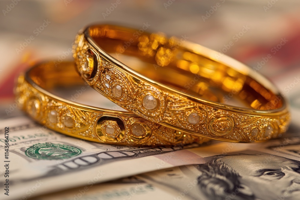A set of intricately designed gold bangles placed on a spread of hundred-dollar bills A set of intricately designed gold bangles placed on a spread of hundred-dollar bills