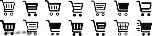 Shopping cart icon set. Shopping trolley in outline. Web cart in line. Shop symbol in black. Trolley icon. Stock vector illustration.A simple line art illustration of a shopping cart.