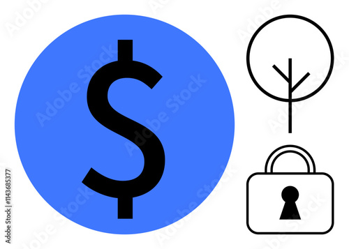 Dollar sign in blue circle, minimalistic tree outline, and lock icon with keyhole. Ideal for finance, investment, banking, security, growth sustainability economic planning. Line metaphor
