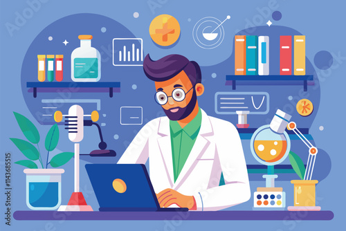 A researcher is focused on analyzing data on a laptop, surrounded by lab equipment and charts Researcher analyzing data in lab, flat illustration