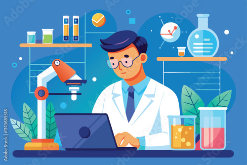 A researcher in a laboratory setting is analyzing data on a laptop while surrounded by scientific equipment Researcher analyzing data in lab, flat illustration