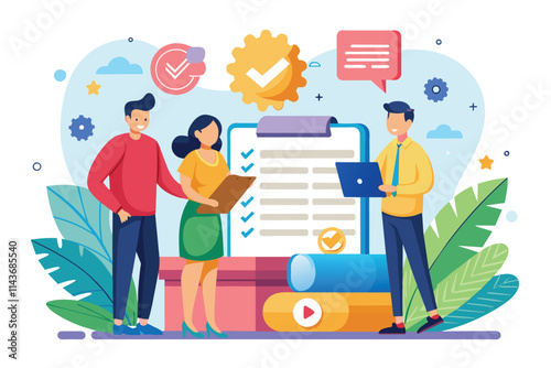 Three professionals collaborate on a reseller agreement, reviewing documents and discussing details together Reseller agreement for flat Illustration.