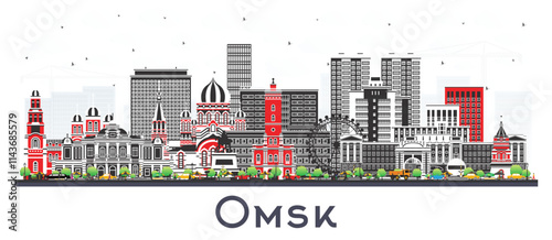 Omsk Russia city skyline with color buildings isolated on white. Omsk cityscape with landmarks. Business travel and tourism concept with modern and historic architecture.