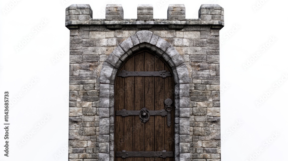 Fototapeta premium Medieval Stone Tower Gate - Dark Wooden Door