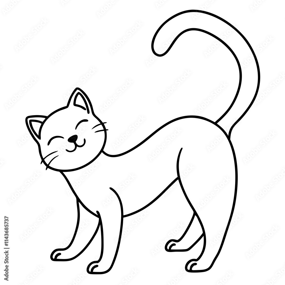 A minimalist line drawing of a cat stretching with a happy face A minimalist line drawing of a cat stretching with a happy face