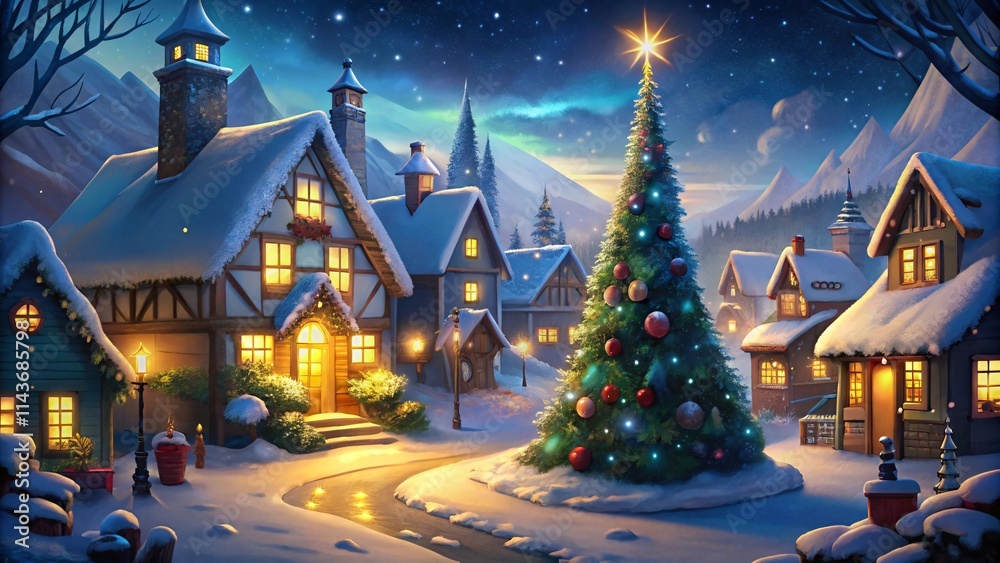Fototapeta premium Snowy village with Christmas lights and a decorated tree vector illustration