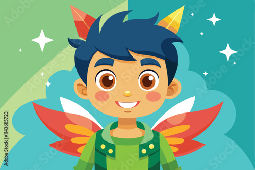 A cheerful cartoon character with vibrant wings smiles in a magical landscape filled with stars Revamp Cartoon Illustration