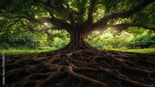 Thick branches of chestnut tree, composition from branches to roots photo