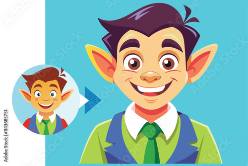 A cheerful young boy with animated features smiles brightly, showcasing a lively design transformation Revamp Cartoon Illustration