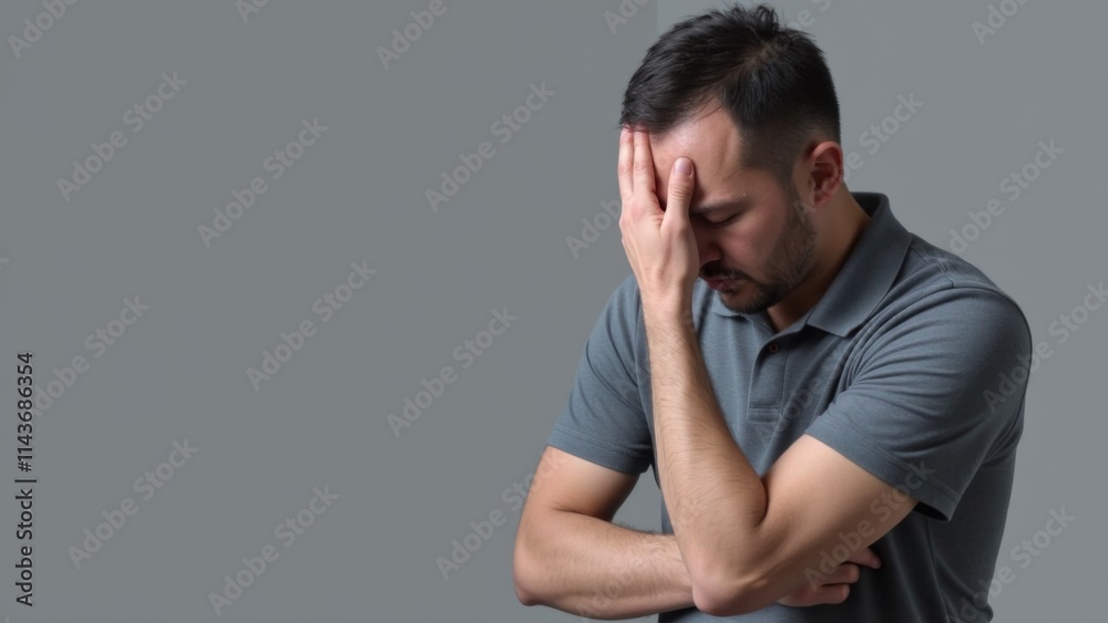 Man in Polo Shirt Displaying Signs of Stress, Eyes Shut, Hand to Forehead, Amidst a Solid Background Man in Polo Shirt Displaying Signs of Stress, Eyes Shut, Hand to Forehead, Amidst a Solid Background