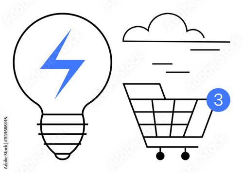Light bulb with blue lightning, cloud with horizontal lines, shopping cart with three notifications. Ideal for e-commerce, innovation, online shopping, technology, cloud services, notifications