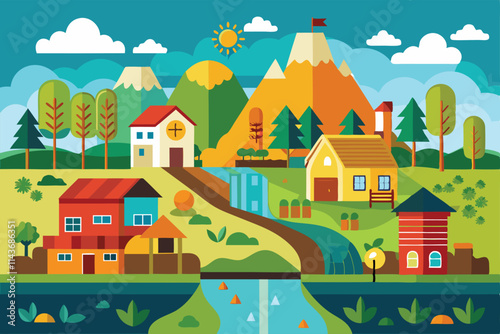 This colorful rural setting showcases unique houses, a river, and majestic mountains under a sunny sky Rural Customizable Unequal Picture