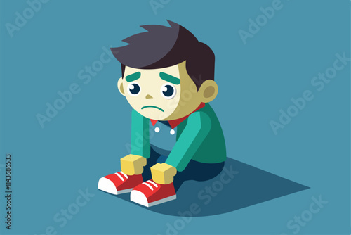 A customizable illustration shows a young boy sitting with a sad expression, looking isolated and thoughtful Sad customizable 3D illustration