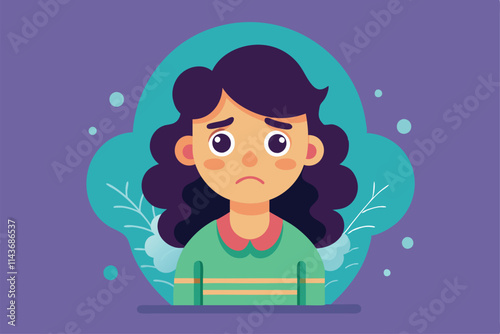 A sad girl with curly hair looks downcast in a customizable flat design illustration Sad customizable illustration with a flat design.