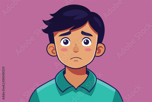 A young man with a worried expression shows feelings of sadness in a simplified cartoon style Sad customizable illustration