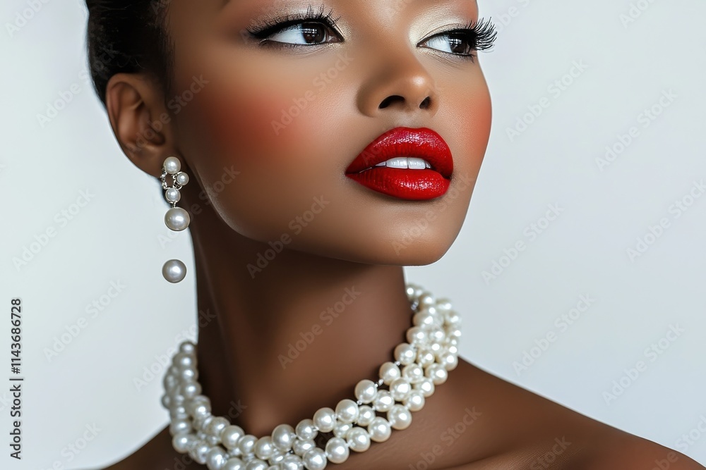 A vibrant image showcasing a model with bright red lipstick, wearing a statement pearl necklace and matching pearl earrings A vibrant image showcasing a model with bright red lipstick, wearing a statement pearl necklace and matching pearl earrings