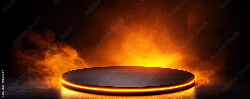 A circular platform surrounded by glowing orange light and smoke, creating a dramatic, mystical atmosphere. A circular platform surrounded by glowing orange light and smoke, creating a dramatic, mystical atmosphere.