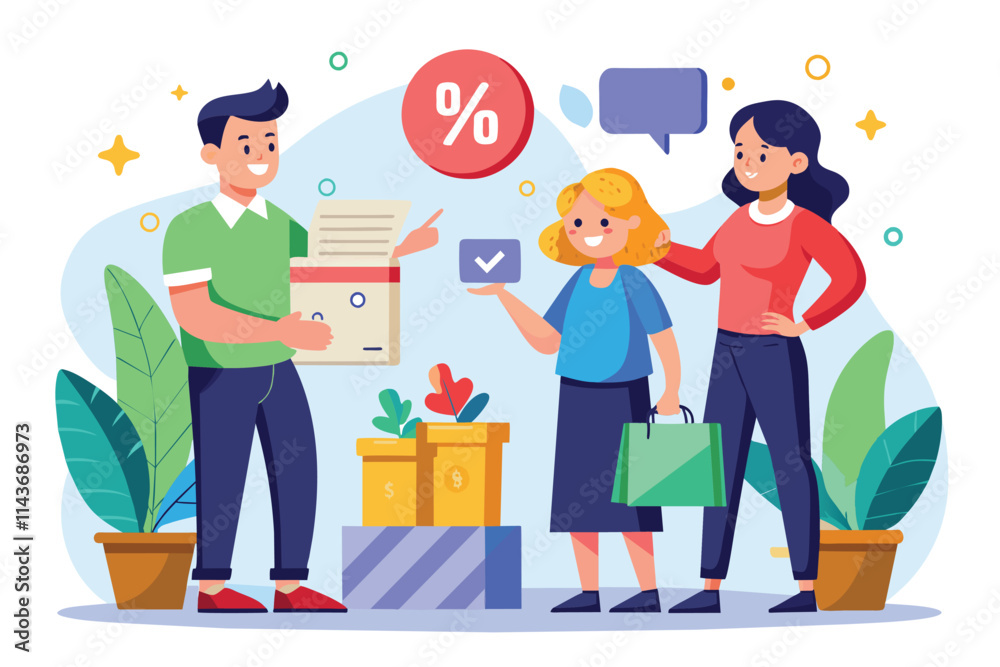 A cheerful sales event features staff providing discounts and cashback offers to happy customers Sales receive discounts and cashback, no exceptions.