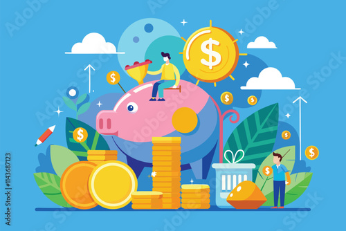 A person sits on a piggy bank while saving money with coins and growth symbols around them Save money with a flat illustration.