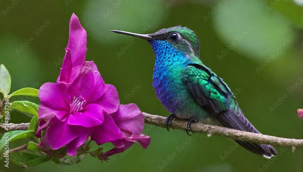 Lesser Violetear - Colibri cyanotus, beautiful violet and green hummingbird from Latin America forests and gardens, Volcán, Panama.
