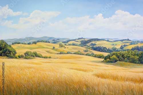 An endless expanse of golden fields captures the warmth of the sun, flowing into rolling hills of green that lead to a distant forest