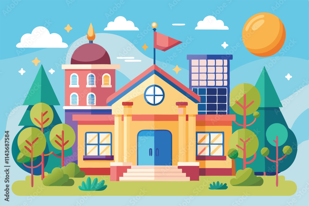 A customizable school illustration shows a bright building surrounded by trees and a sunny sky School illustration that can be customized. A customizable school illustration shows a bright building surrounded by trees and a sunny sky School illustration that can be customized.
