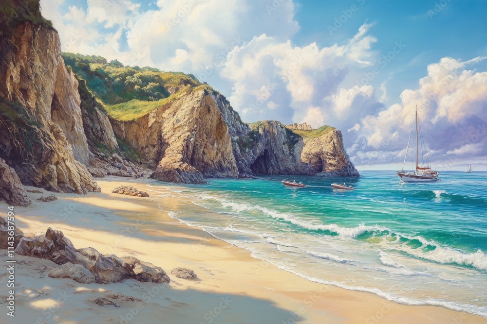 An untouched beach radiates calmness, its soft sands kissed by the gentle waves of a turquoise sea. Towering cliffs, rich with greenery An untouched beach radiates calmness, its soft sands kissed by the gentle waves of a turquoise sea. Towering cliffs, rich with greenery