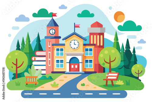 A vibrant school design with a clock tower, green trees, and a sunny sky, perfect for educational themes School illustration that can be customized.