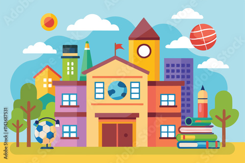 A vibrant school illustration showcases a colorful building, surrounded by sports equipment and art supplies School illustration that can be customized.