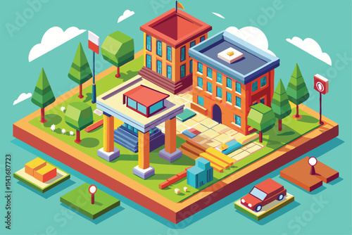 This illustration depicts a lively school environment with customizable buildings, trees, and outdoor areas School illustration that can be customized in isometric style.