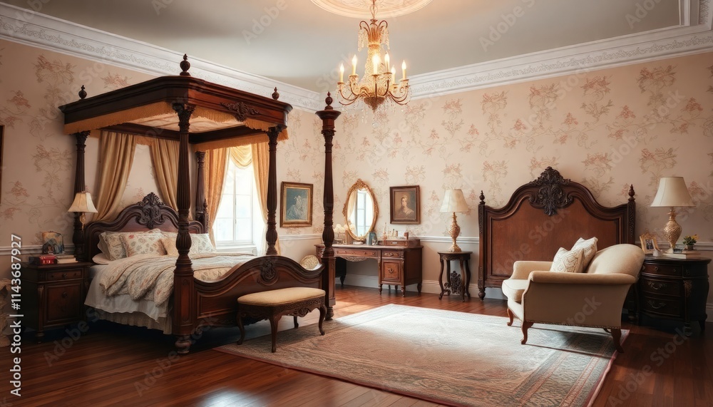 Fototapeta premium Bedroom Interior Design with Vintage Concept - Hotel Bedroom Interior - Apartment Bedroom Concept - Interior Design - Vintage Style