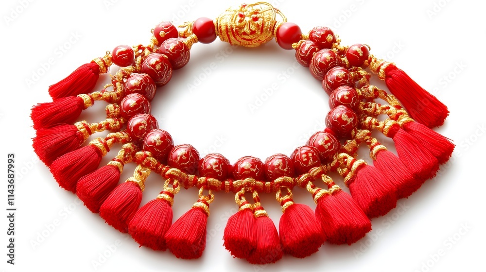 Red beaded necklace with gold accents and tassels. Red beaded necklace with gold accents and tassels.