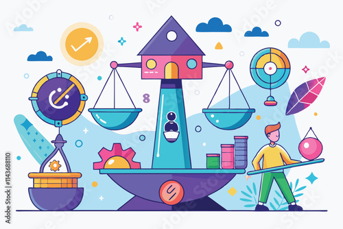A character interacts with a whimsical scale, balancing different colorful elements symbolizing choices Search for customizable flat illustrations with curiosity.