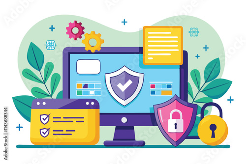 A colorful illustration depicts a computer monitor showcasing secure data input with protective icons and gears Secure computer data input, simple illustration.