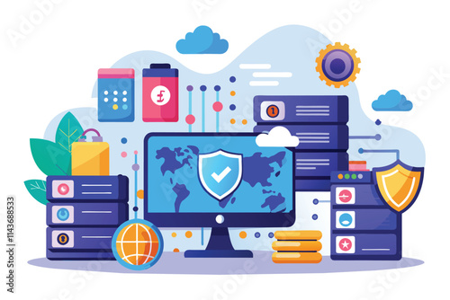 The illustration depicts secure data storage and web hosting with colorful design elements and a central monitor Secure data storage and web hosting with flat illustrations.