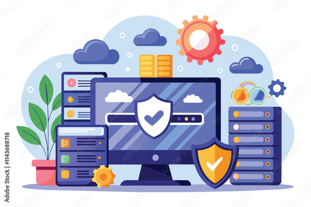 A vibrant flat illustration showcasing secure web hosting with SSL, featuring servers and protective elements Secure web hosting with SSL and flat illustrations.