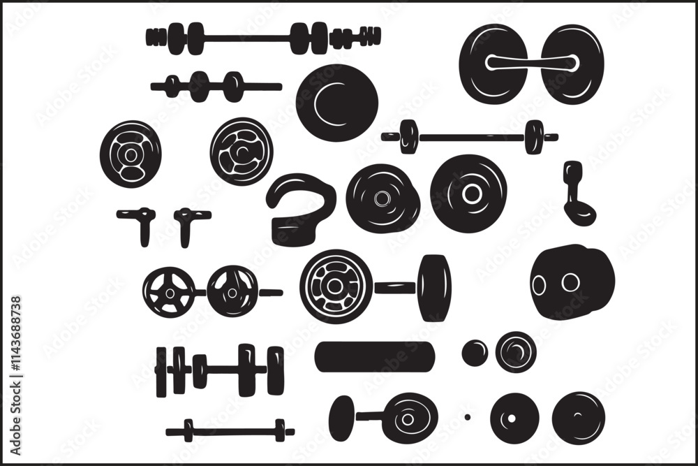 Obraz premium A white poster with a black and white image of a set of dumbbells