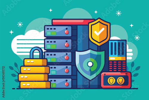 This illustration showcases a collection of servers and security elements emphasizing secure data storage solutions Secure storage illustration.