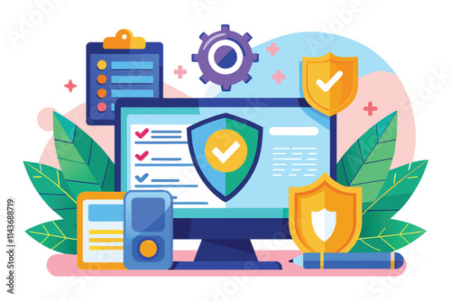 A colorful illustration depicting secure software elements featuring shields, a computer screen, and icons Secure software illustration