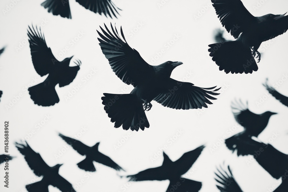Obraz premium Black silhouettes, flying crows, ravens in motion, dynamic bird poses, spread wings, detailed feathers