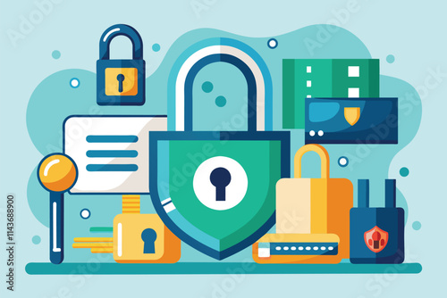 This visual showcases various padlocks and keys symbolizing data protection and security measures Security system with closed lock and key, data protection concept, flat illustration.