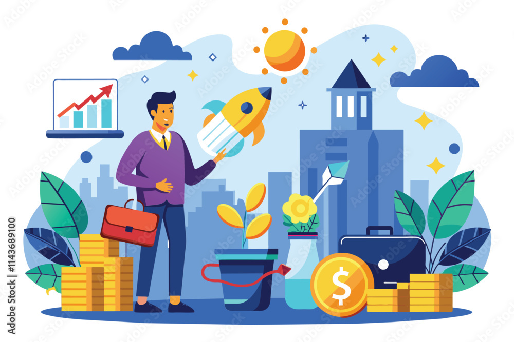 A businessman holds a rocket while surrounded by elements representing investment growth and success Seeking investment opportunities, flat illustration. A businessman holds a rocket while surrounded by elements representing investment growth and success Seeking investment opportunities, flat illustration.