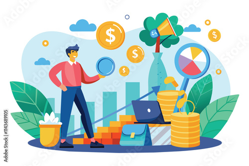A person is analyzing investment options with graphics of money growth, technology, and nature symbols Seeking investment opportunities, flat illustration.