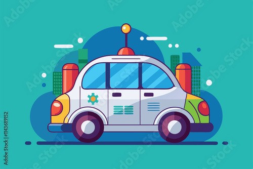 A colorful illustration showcasing a customizable self-driving car against a lively urban landscape Self-driving car Customizable Flat Illustration