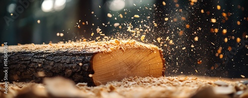 Freshly cut wooden log with sawdust and wood chips flying in the air, natural background with firewood, showcasing woodcutting and nature, AIgenerated rustic woodwork scene photo