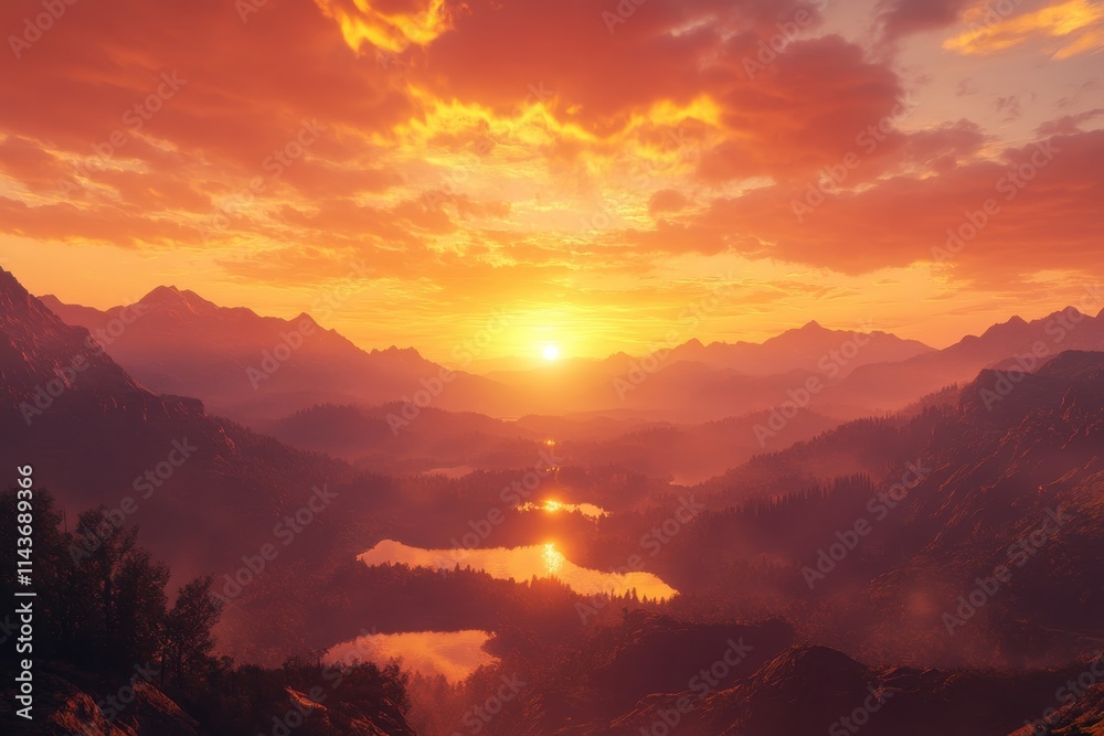 Fototapeta premium Breathtaking mountain sunset, vibrant orange and pink sky, dramatic clouds, sweeping