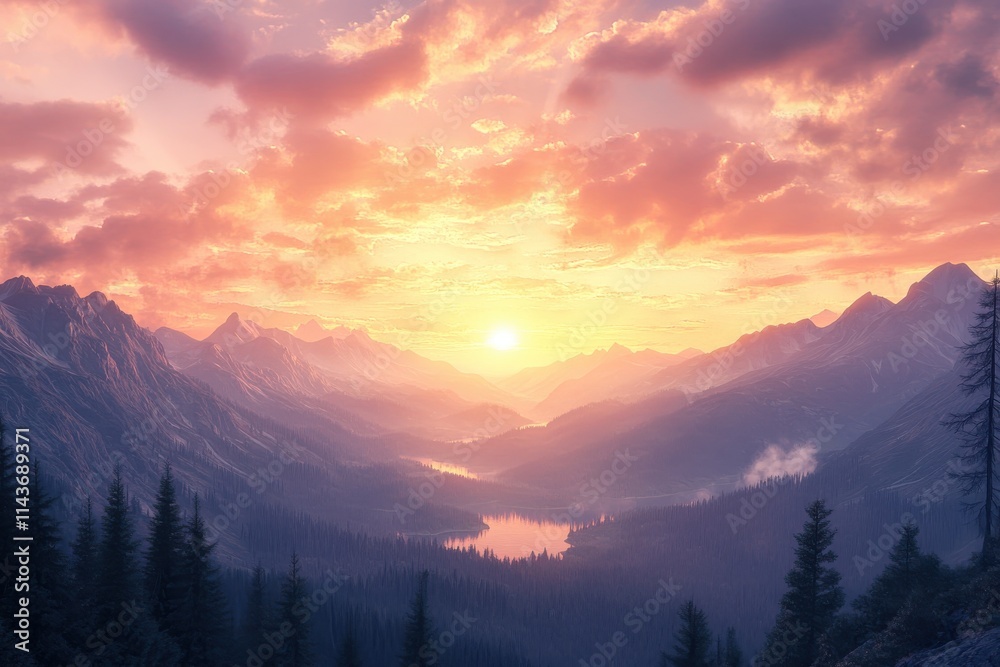 Obraz premium Breathtaking mountain sunset, vibrant orange and pink sky, dramatic clouds, sweeping