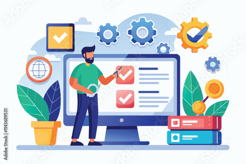 A professional managing software system maintenance and web services in a modern, IT services including software maintenance, website troubleshooting, mobile app development, and flat illustrations.